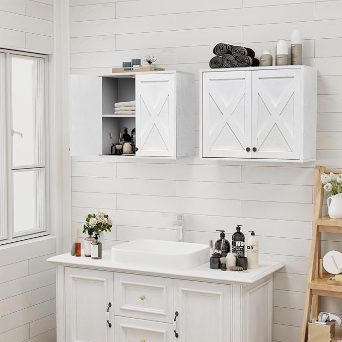 YOURLITE Laundry Cabinet, Medicine Cabinet, Bathroom Kitchen Storage Wall Mounted Farmhouse Organizer with Shelves Over Toilet, One Set of 2 Pieces X 24", White