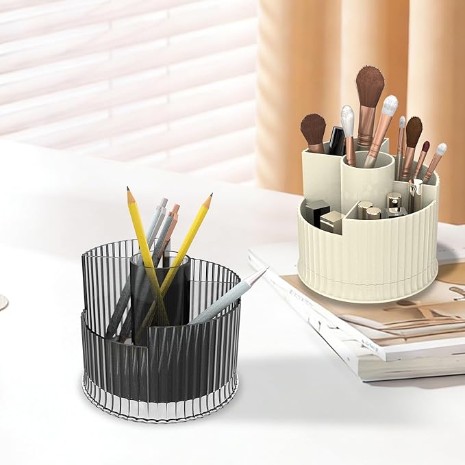 360?? Rotating Makeup Brush Holder Organizer, 5 Slot Make up Brushes Cup for Cosmetics, Nail Polish, Art Supply, Skincare, Perfume, Bathroom Vanity Desktop Organizer - Creamy white