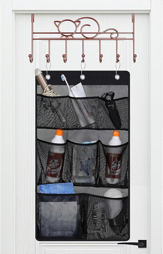 KIMBORA Mesh Shower Caddy Hanging Bathroom Organizer Storage with 2 Large Pockets 3 Rings Hang Curtain Rod for Dorm Cruise RV, Black