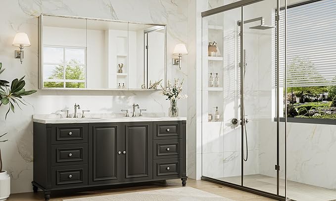 TokeShimi 60 x 32 Brushed Nickel Recessed Medicine Cabinet with Mirror, Assembly Required, Bathroom Medicine Cabinet with Mirror, Stepless Adjustable Shelves, Beveled Aluminum Frame, DTC Hinge