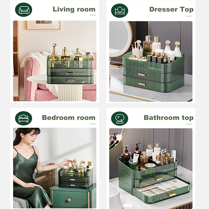 Makeup Organizer for Vanity, Large Desk Organizer with Stackable Drawers for Cosmetics, Skincare, Lipsticks, Palette, Nail Care, Ideal Storage for Dresser and Bathroom Countertop-Green