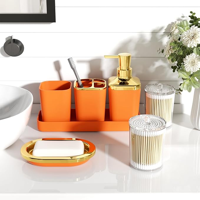XLHOMO Bathroom Accessories Set - Luxury Orange Bathroom Set, 9 Pieces Bathroom Accessory Set, Orange Bathroom Accessories with Trash Can, Toilet Brush & Soap Dispenser