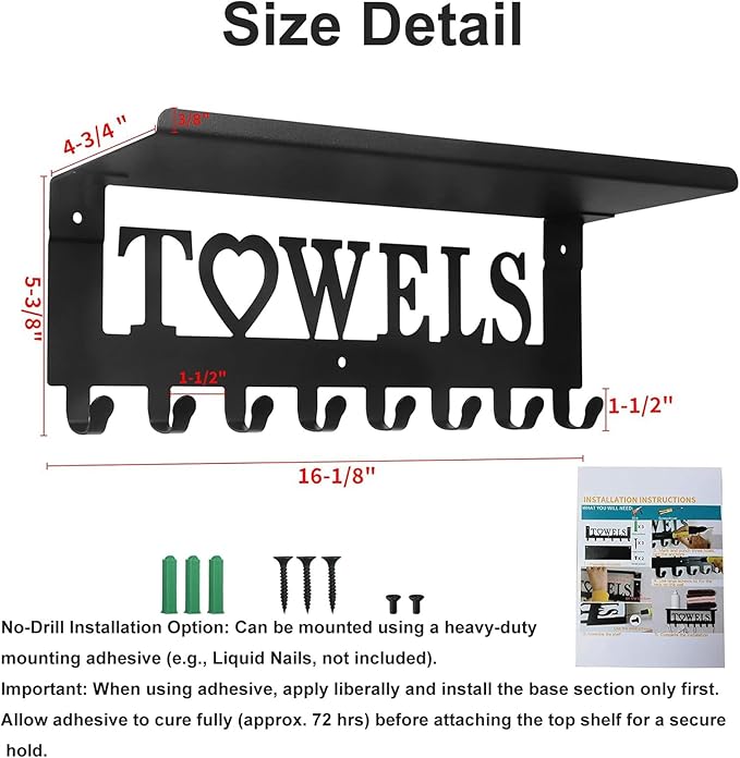 Towel Rack with Shelf 8 Hooks, Bathroom Towel Holder Metal Shelf Organizer, Wall Mounted Storage for Towels, Robes, Clothes in Bathroom, Kitchen, Bedroom,Home