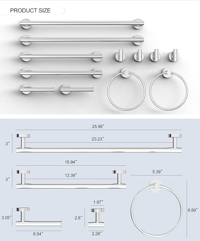 12 Pcs Chrome Bathroom Accessories Set, HOMEMYSTIQUE SUS304 Stainless Steel Bathroom Hardware Set, Bath Towel Bar Set, Toilet Paper Holders, Towel Rings Racks, Robe Towel Hooks