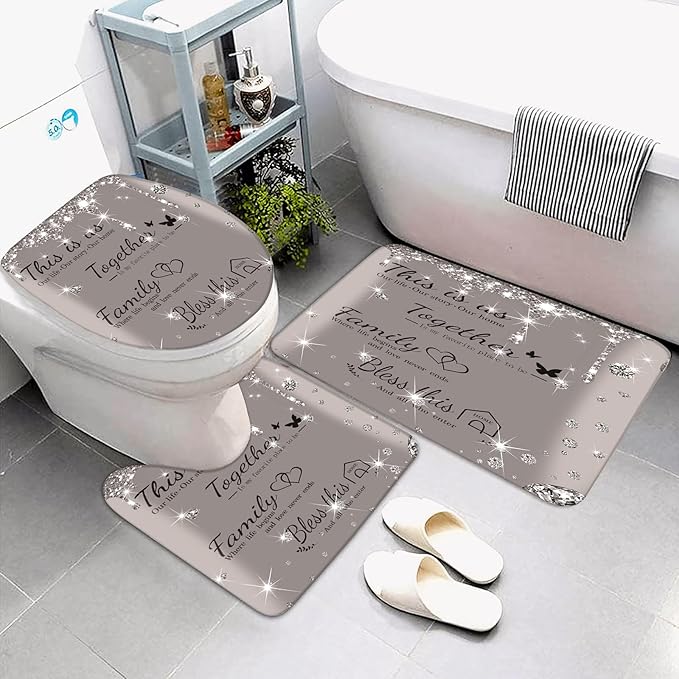 juwute 4Pcs Family Shower Curtain Sets with Non-Slip Rugs, Toilet Lid Cover and Bath Mat,Grey Glitter Diamond Home Bathroom Decor Set Accessories Waterproof Shower Curtains with 12 Hooks, 72 x 72 Inch