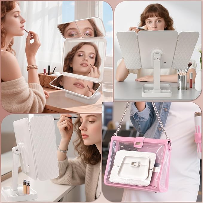 LED Tri-Fold Vanity Mirror with Lights, Touch Screen and 3X/2X/1X Magnification with 3 Color & Adjustable Brightness, Portable Rechargeable Makeup Mirror Pro with Lights Dollar for Desk Dorm Travel