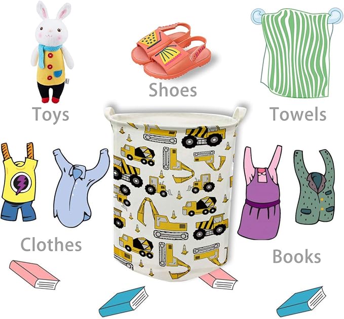 Runtoo 19.7" Large Sized Laundry Hamper Waterproof Foldable Canvas Construction Transports Theme Bucket Clothing Laundry Basket with Handles for Storage Bins Kids Room Home Organizer Nursery Storage