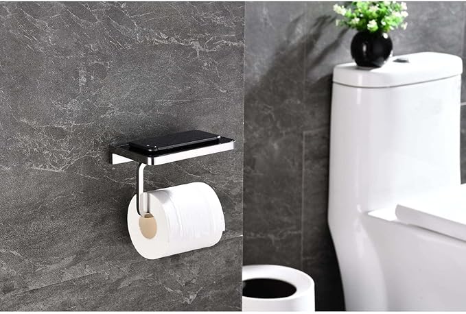 HomeStock Bagno Bianca Stainless Steel Black Glass Shelf with Toilet Paper Holder in Gun Metal