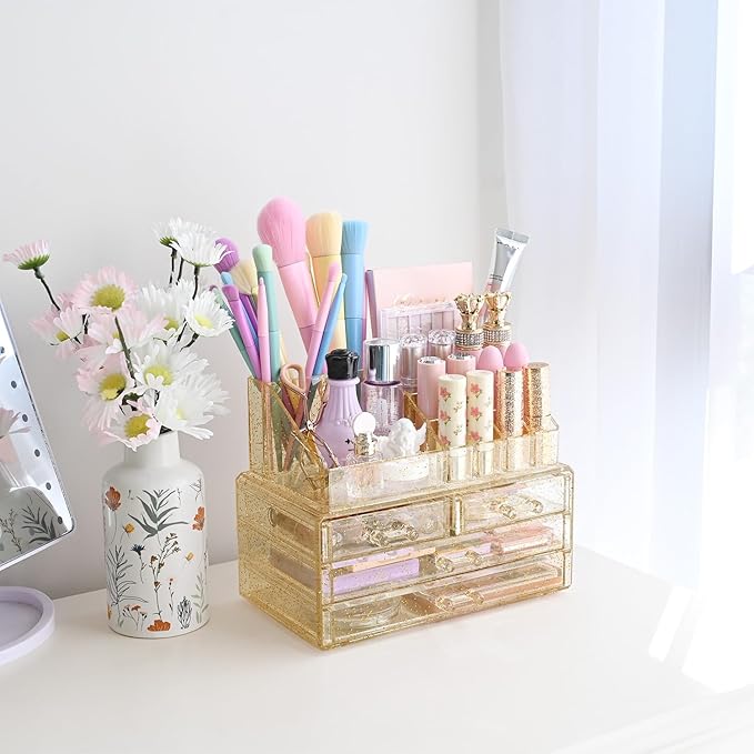 Ikee Design Acrylic Makeup Organizer with 4 Drawers Removable Top Lipstick Holders, Cosmetics Organizer for Skincare, Accessories, Lip Gloss for Vanity or Bathroom Countertop, Gold Glitter