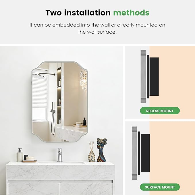 SogesHome Recessed Bathroom Mirror Medicine Cabinet with Storage, 15.7 x 23.6 Inch Wall Mounted Modern Octagon Vanity Organizer with Shelves, Space-Saving Elegant Bathroom Storage, Silver