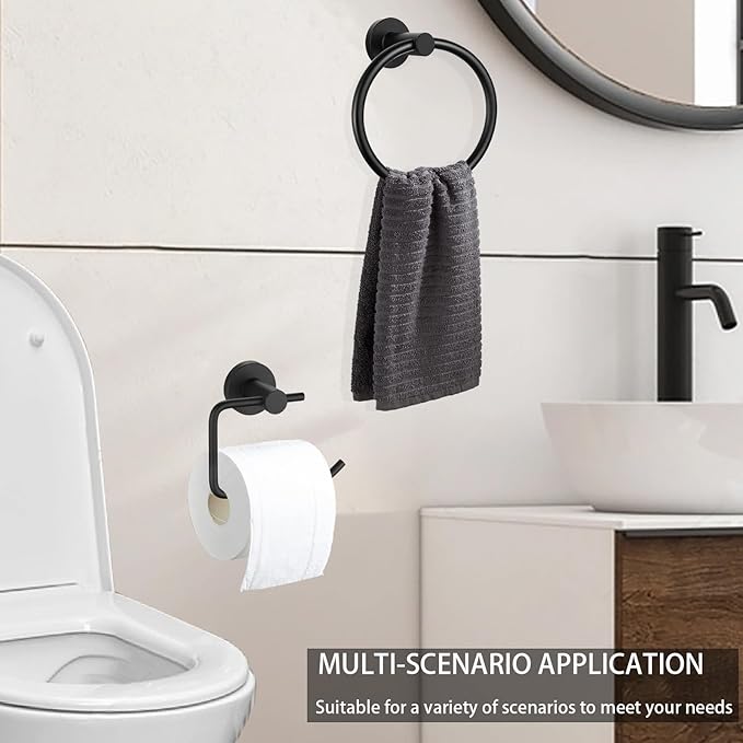 Towel Ring and Toilet Paper Holder Set, Stainless Steel Bath Towel Hanger and Tissue Roll Holders, Bathroom Hardware Accessories Wall Mounted 2 Pieces (Matte Black)
