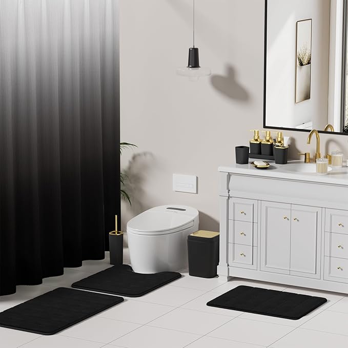 Bathroom Set - 27PC Bathroom Sets with Shower Curtain and Rugs, Black Bathroom Set, Black Bathroom Accessories Set with Push-lid Trash Can, Toilet Brush & Soap Dispensers