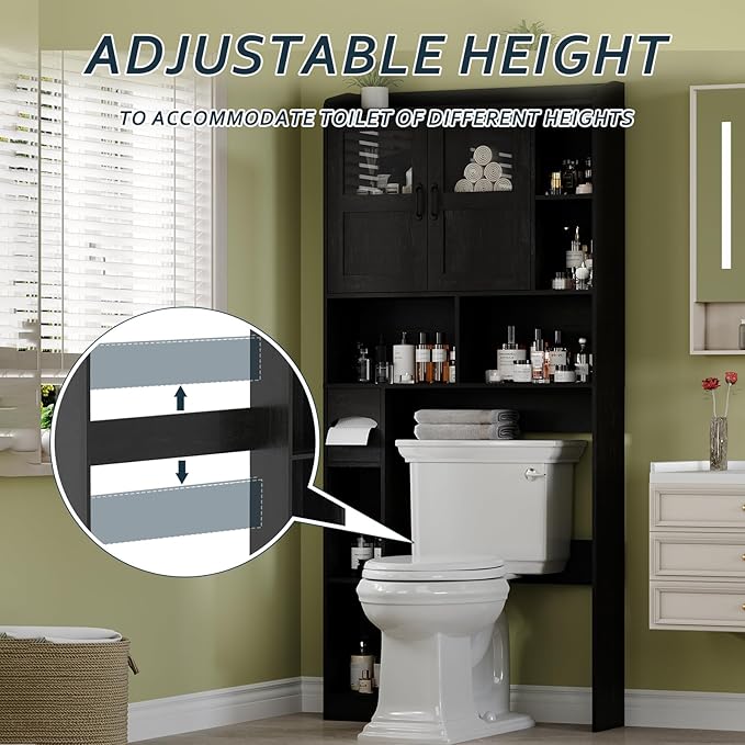Farmhouse Style Over Toilet Storage Cabinet, 67" Tall Bathroom Organizer Unit with Sliding Barn Doors & Open Shelving for Bathroom, Neutral Wood Grain Finish
