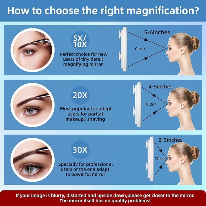 30X Concave Magnifying Mirror with Lights, 3-Color Light Adjustable Brightness, 6inch Travel Magnified Mirror with Suction Cups, Large 30x High Makeup Magnification and Tweezers