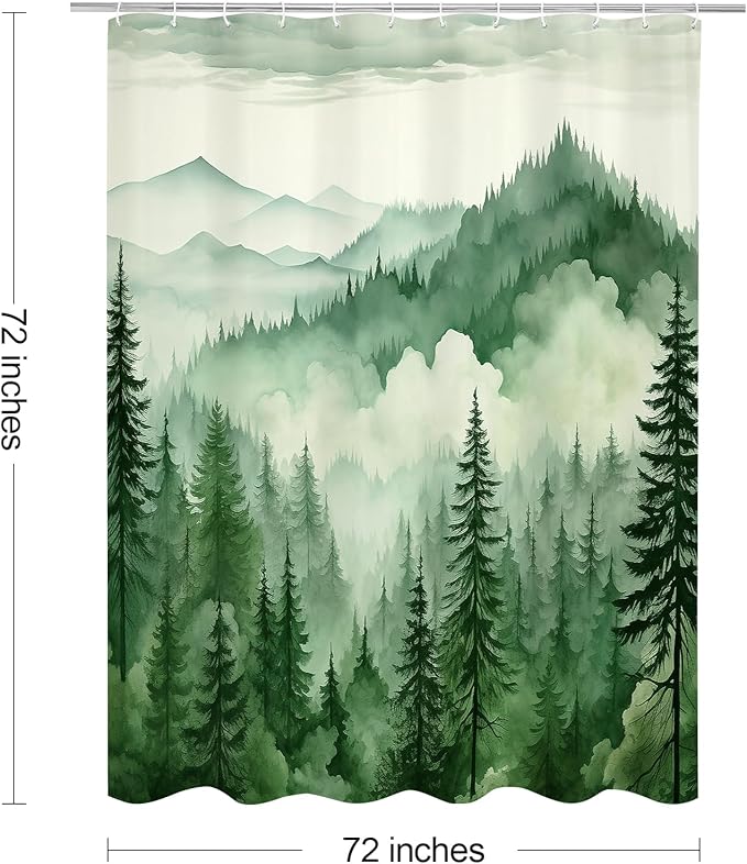 Green Misty Pine Forest Shower Curtain, Mountain Foggy Woodland Scenery Tree Shower Curtains for Chic Rustic Bathroom, Abstract Modern Waterproof Nature-Themed Decor, 72x72 Inches