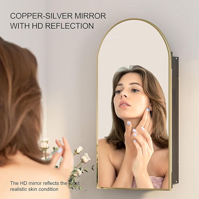 Recessed Medicine Cabinet Mirror,Brushed Brass Gold Arched Medicine Cabinet with Mirror for Bathroom,Metal Edge Mirrored Medicine Cabinets,in Wall Arch Mirrored Cabinets with Storage 16x31