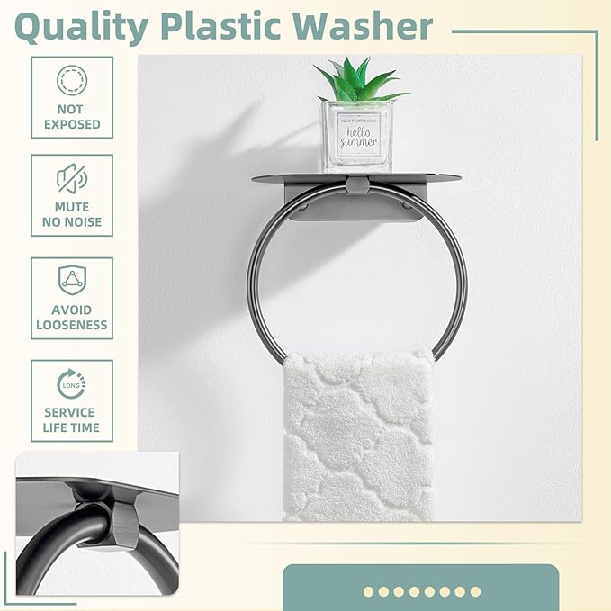 APLusee Gunmetal Gray Towel Ring with Shelf, 304 Stainless Steel Bathroom Towel Holder, Wall Mounted Swivel Loop for Kitchen Shower, Rustproof & Easy to Install