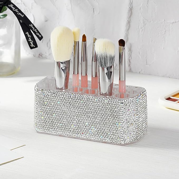 Clear Acrylic Makeup Eyeliner Lip Liner Holder Organizer,Bling Crystal Makeup Brush Holder,26 Spaces (White)
