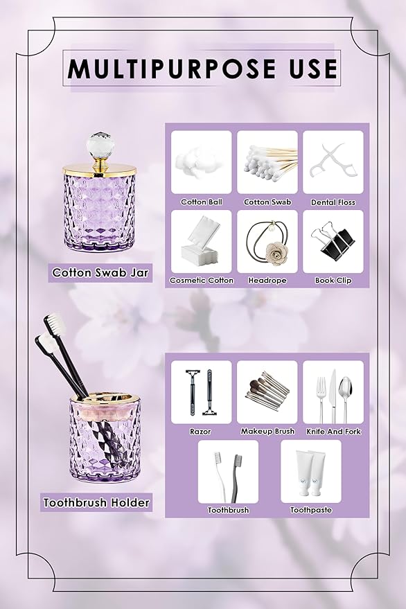 Purple Bathroom Accessories, 4Pcs Purple Bathroom Accessory Set Complete, Toothbrush Holder Set, Soap Dispenser, Qtip Holder, Tumbler, Perfect for Bathroom Decor and Vanity