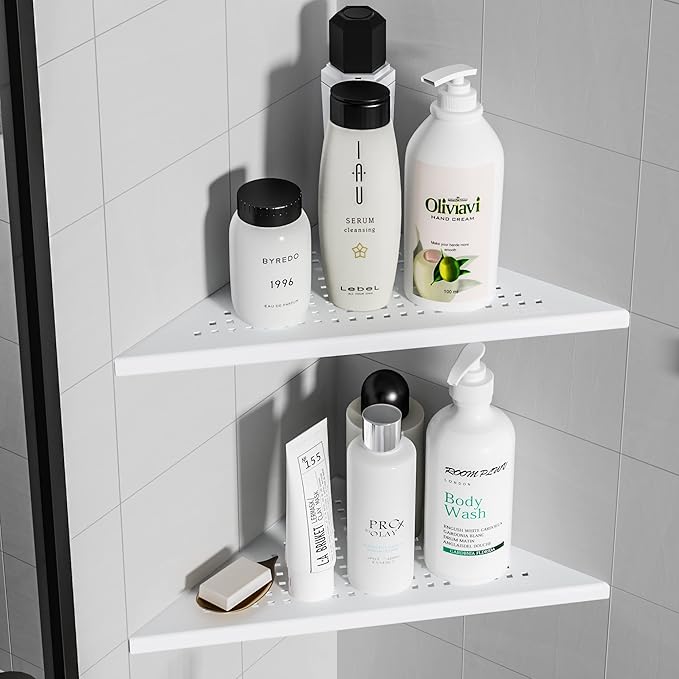 Qeke Corner Shower Shelves, 10” Recessed Tile Shower Shelf Matte White, 304 Stainless Steel Grout in Corner Tile Shower Shelves, No Drilling, 2 Pack