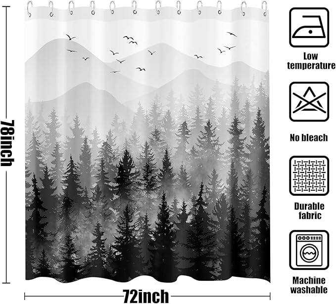 Accnicc 78 Inch Long Black and White Misty Forest Shower Curtain Ombre Dark Gray Mountain Pine Tree Waterproof Fabric Shower Curtains for Bathroom Grey Nature Woodland Decorative Bath Curtain Decor