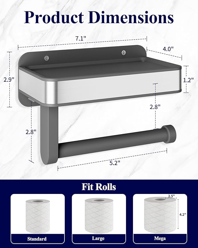 Kitsure Toilet Paper Holder with Shelf - Adhesive & Screw Wall Mount Toilet Paper Storage, Matte Black Design for Bathroom Decor, Space-Saving for Washroom, RV, Grey, 7.1" W