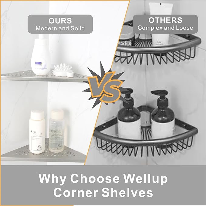 WELLUP Brushed Nickel 10’’ Corner Shower Shelf Bathroom Shower Shelves, 2 Pack Triangular 304 Stainless Steel Shower Corner Shelf for Tiled Walls, No Drilling