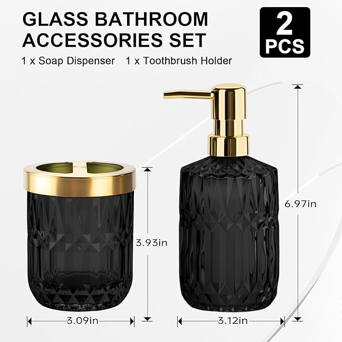 Glass Bathroom Accessories Set, 2PCS Glass Bathroom Accessory, Toothbrush Holder and Soap Dispenser Set for Modern Bathroom Decor(Black Gold)