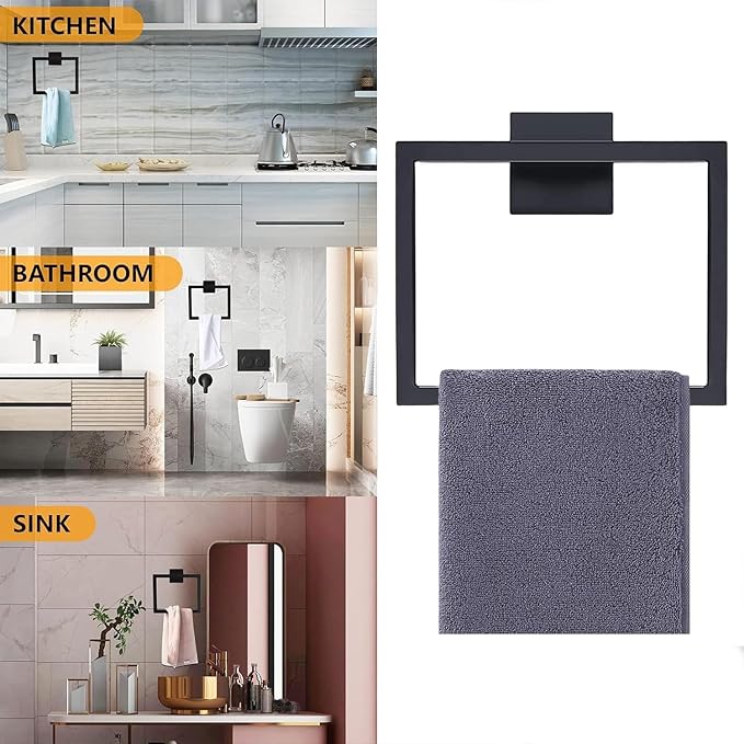 2PCS Matte Black Towel Ring - Modern Hand Towel Holder for Bathroom - SUS304 Stainless Steel Bathroom Towel Ring Wall Mounted - Bathroom Towel Rack - Black Towel Hanger
