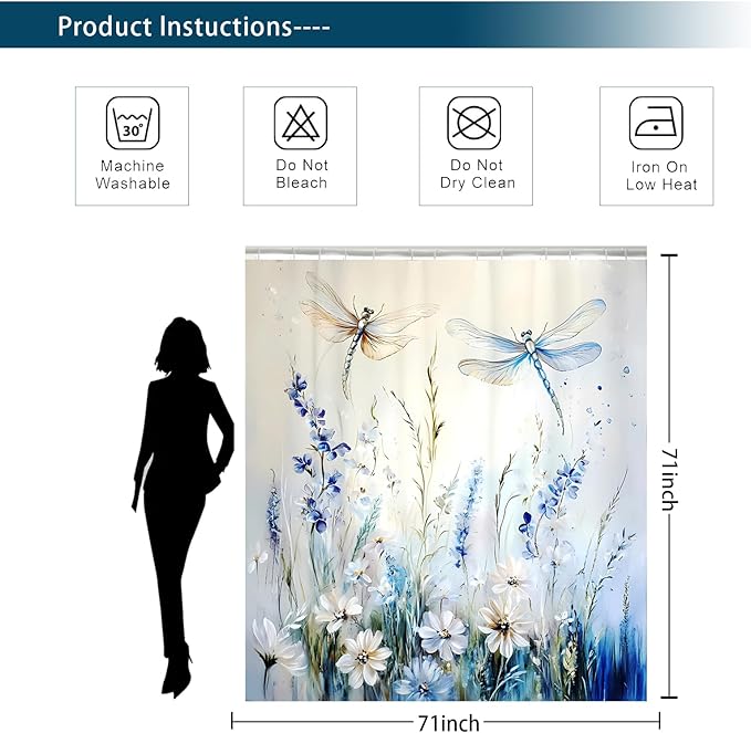 Dreamrflove Dragonfly Shower Curtain, 1-Pack Dragonfly Bathroom Shower Curtain, Blue Vintage Plant Flowers Fabric Bathroom Decoration, 72x72 Inch Waterproof Polyester Insulation Home Accessories