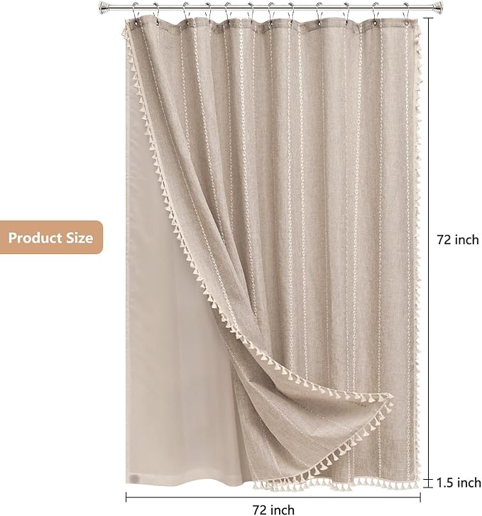 Boho Farmhouse Shower Curtain and Fabric Liner Set, Heavyweight Linen Textured Fabric Shower Curtain Taupe with Tassels, 2 in 1 Waterproof Fabric Shower Curtain Set for Bathroom, 72x72 Inch