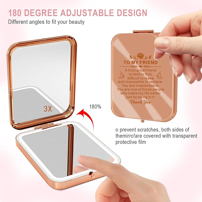 Friend Gift Compact LED Magnifying Travel Makeup Mirror, to My Best Friend Gorgeous Rose Gold Pocket Mirror with Light Rechargeable Unique Friendship Gift for Women Girls Sisters for Women BFF