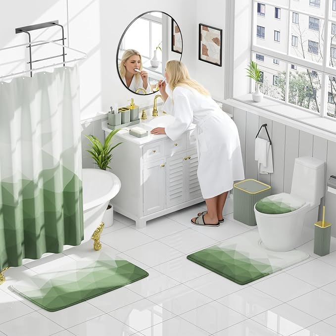 XLHOMO Bathroom Accessory Set - 26PC Bathroom Shower Curtain and Rug Set, Bathroom Accessories Set, Sage Green Bathroom Set with Trash Can, Toilet Brush, Qtip Holder & Soap Dispenser