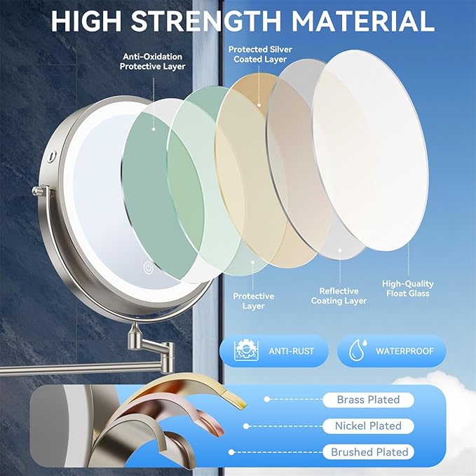 9'' 30X/1X Wall Mounted Lighted Makeup Mirror, 5000mAh Rechargeable Double-Sided Magnifying Mirror with Light, Vanity Bathroom Mirror Touch Dimmable 3 Colors 360ยฐ Rotation Extended Arm, Power Adapter