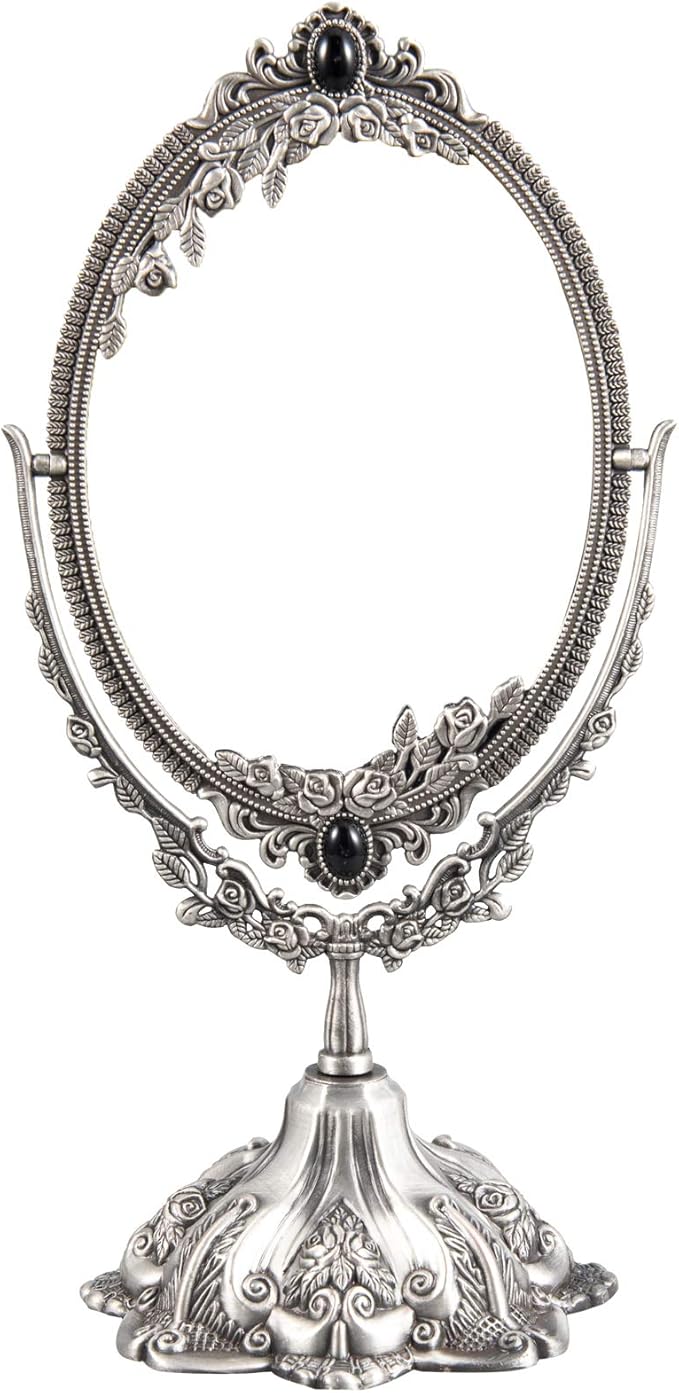 Feyarl Small Vintage Makeup Mirror Floral Tabletop Oval Vanity Mirror with Stand Dressing Room Swivel Double Sided Elegant Decorative Mirror Embossed Frame (Pewter)
