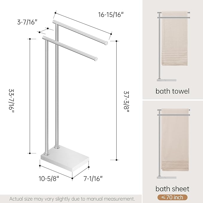No Wobble Free Standing Towel Racks with 3X Thick Natural Marble Weighted Base, KES 2-Tier Towel Rack Stand for Bathroom Floor, Upgraded Steady Design, 18/8 Stainless Steel, Brushed Finish, BTH235A-2