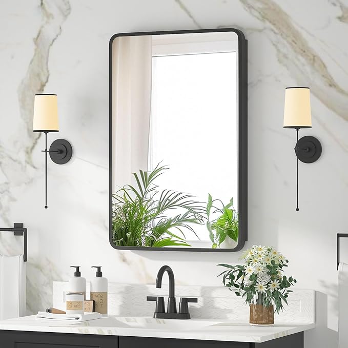 Bathroom Medicine Cabinet with Mirror 16 x 24 Inch, Black Medicine Cabinet Recessed or Surface Wall-Mounted, Mirrored Cabinets with 2 Adjustable Shelves for Bathroom Vanity