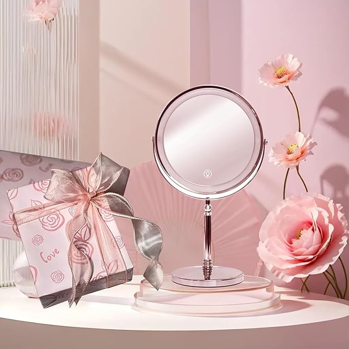 Makeup Mirror with Lights ,8 Inch 1X/10X Rechargeable Double Sided Magnifying, 360° Rotation LED HD Mirror with 3 Colors,Brightness Adjustable, Gifts for Wowen & Men