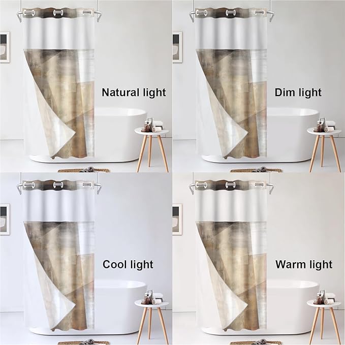 Shrahala Brown Abstract Art No Hooks Shower Curtain with Snap in Liner Set, Beige Painting Bathroom Décor Polyester Fiber Waterproof for Stall Bathtubs 35.5 X 74 in