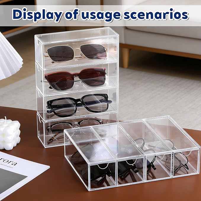 2PCS Sunglass Organizer Clear Acrylic Organizer, 9.65*6.89*2.56 Inch Plastic Stackable Eyeglass Case Storage Organizers with 4 Drawers, Glasses Organizers for Women for Glasses Jewelry Watch Storage