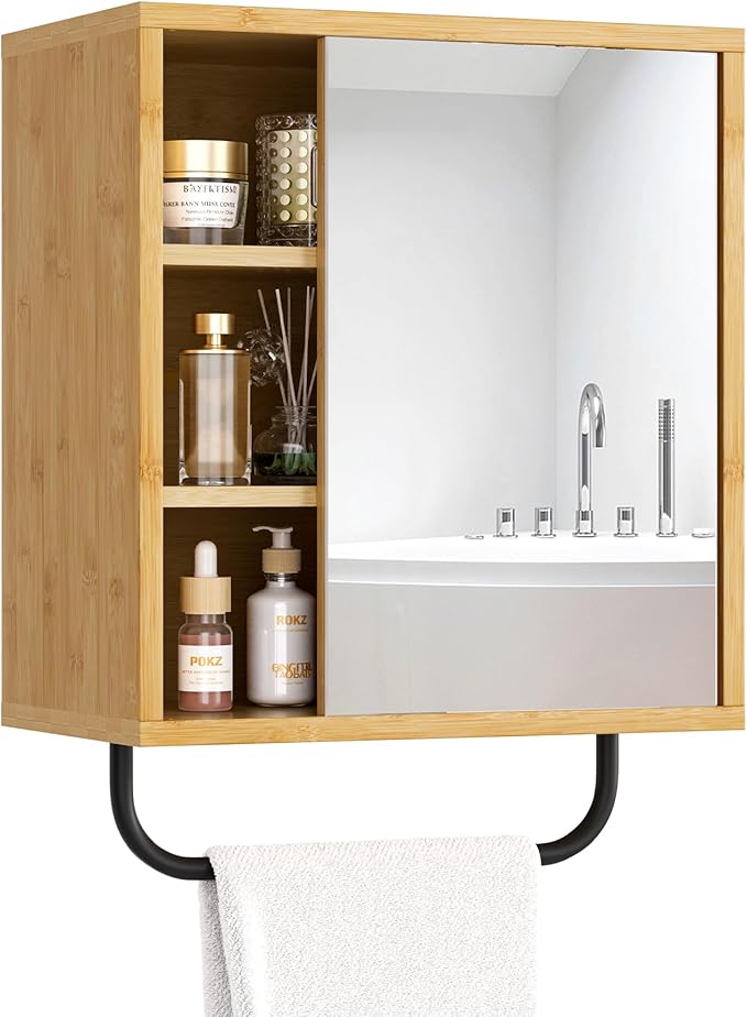 AmazerBath Bathroom Medicine Cabinet with Mirror, Bamboo Medicine Cabinet Wall Mounted, Over The Toilet Storage with Towel Bar for Bathroom, Small Spaces