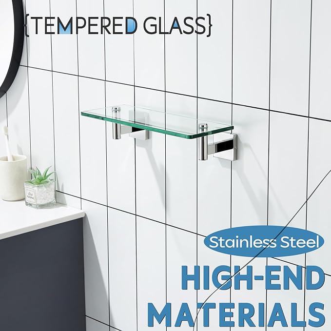 KOKOSIRI 12-Inch Bathroom Shelves Glass Floating Shelf Toilet Roll Holder Toilet Paper Holder Stainless Steel Polished Chrome B1105CH-L12+B2008CH