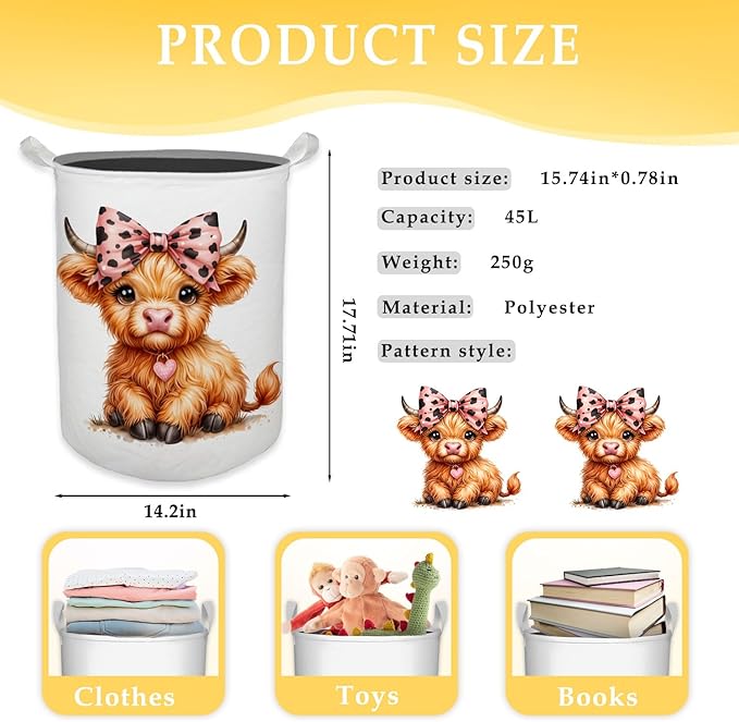 Highland Cow Baby Nursery Laundry Basket, Toybox for Girls Room, Pink Leopard Bow Cow Laundry Basket Waterproof Collapsible Clothes Toys Storage Bin Organizer for Kids Room Playroom Bathroom