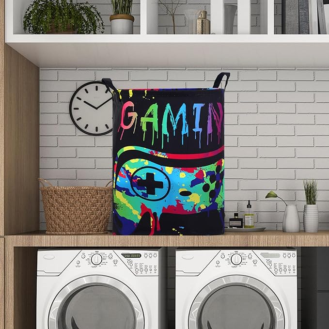 Zhehao 2 Pcs Easter Gamer Laundry Basket Boys Kids Laundry Hamper Gamer Room Decor Gaming Storage Basket Hamper Clothes Organizer Nursery Toy Storage Bin for Gifts Bedroom Bathroom Decoration(Fresh)
