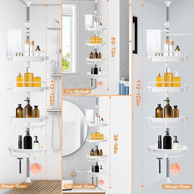 Upgrade Sturdy Shower Caddy Tension Pole Corner Shower Caddy Bathroom Organizer 18/8 Stainless Steel Rustproof 4 Tier Adjustable Shelves for Bathtub Shampoo Accessories Storage Rack 32-122inch