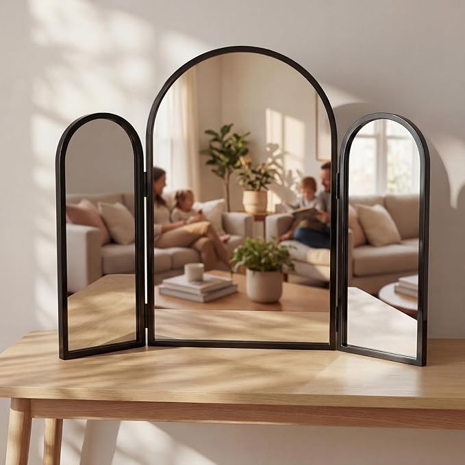 Wonderjune Trifold Vanity Mirrors 3 Way, 30 x 37 in Adjustable Arch Trifold Mirror for Bathroom Bedroom, Decorative Folding 3 Sided Mirror Wall Mounted for Braiding Hair Makeup (Black)