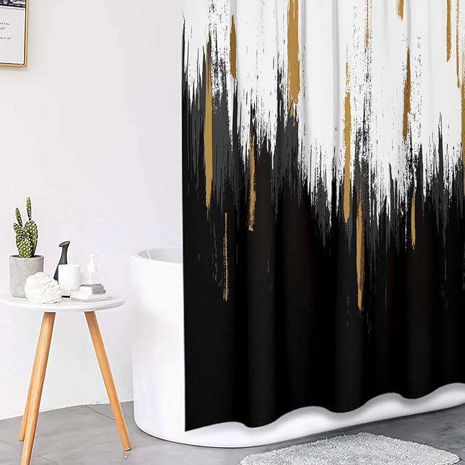 Black Gold White Shower Curtain Set with Toilet Lid Cover and Non-Slip Rugs for Bathroom, Modern Oil Painting Abstract 4 Pcs Shower Curtain, Bathroom Set with 12 Hooks