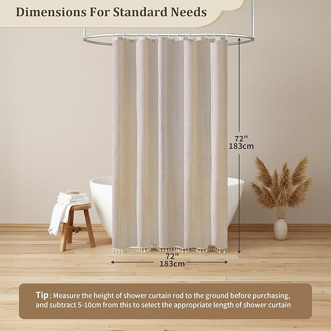 Neutral Linen Shower Curtain Beige Boho Shower Curtain for Bathroom Rustic Striped French Country Shabby Chic Shower Curtains, 72” x 72“