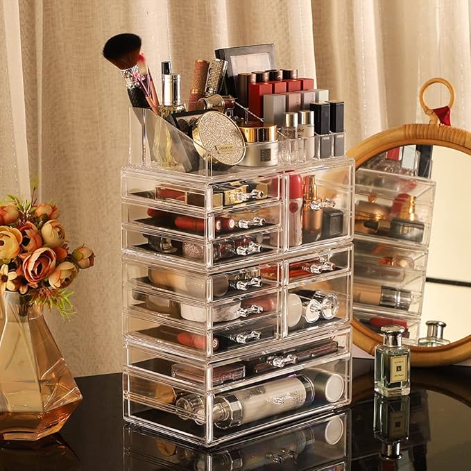 Cq acrylic 4 Pack Clear Skincare Organizer for Vanity,Stackable 11 Drawers Make Up Organizer,Cute Cosmetic Organizer for Vanity Jewelry,Hair Clip,Beauty,Skincare Product Dresser Acrylic Desk Organizer