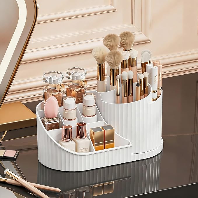 Anyoifax 360 Rotating Makeup Brush Holder Organizer with Divide 5 Slots Make Up Brushes Cup Flower-Shaped Spinning Pen Holder for Vanity, Cosmetics, Lipsticks, White